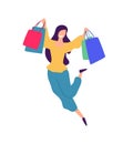 Illustration of a girl with shopping. Vector. Positive flat illustration in cartoon style. Discounts and sales. Shopaholic Royalty Free Stock Photo