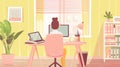 In this illustration, a girl sits on a window workspace desk at her home office. She has a desk, a chair, and a computer Royalty Free Stock Photo