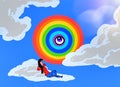 Illustration Of A Girl Sitting On The Cloud, Watching Round Rainbow, And Blue, And Also, Rainbow Have A Eye. Fantasy Illustration. Royalty Free Stock Photo