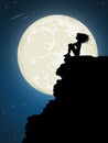 Girl sitting on the rope in the moonlight