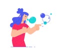 Illustration of a girl with soap bubbles. Vector. A woman in a pink dress makes dreams come true. Chatting, metaphor. Women`s tal Royalty Free Stock Photo