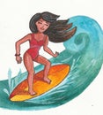 illustration girl surfer riding a wave Royalty Free Stock Photo