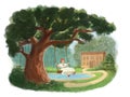 Illustration of a girl on a swing on a background of a landscape. Happy child near the lake, near his house. Happy childhood.