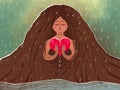 Illustration of a girl in tears and with an unhappy heart. Love suffering, tears, despondency, breakdown of relationships. Rain as