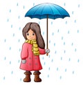 Girl under raindrops with umbrella