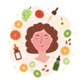 Illustration of a girl using fruit acid peeling. Apple, citrus, grape, almond acid. Facial skin care.