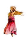 Girl wearing red dress in wind