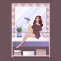 Illustration of a girl who sits on the countertop in the bathroom and dries her hair with a hairdryer