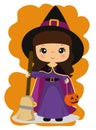 Illustration of a girl with a witch costume, girl dressed as a magician, brown hair, latina, mestiza, halloween Royalty Free Stock Photo