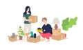 Illustration of a girl and a young man unpacking household items. Vector. Flat cartoon style. Moving to a new apartment. Cargo