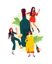 Illustration of girls with a glass of wine around the bottle. Vector. Women celebrate the holiday, have fun and relax. Party all n