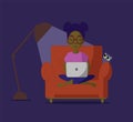 An illustration of a girls sitting on a couch with a laptop.