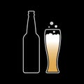 Illustration of a glass bottle and a mug containing beer and foam with bubbles.