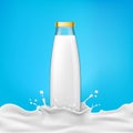 illustration glass bottles with milk or dairy product stands in a milk splash