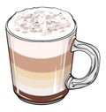 Illustration of a glass of cappuccino with layers in a glass cup. hand drawn drink cappuccino illustration isolated on white