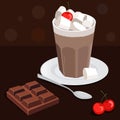 Illustration of a glass of cocoa with marshmallows on a saucer, a teaspoon, a chocolate bar and a cherry on a brown background. Fl