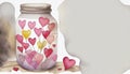 Watercolor illustration of a glass jar with hearts inside, copy space for text, San Valentines\' day