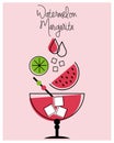 Illustration, glass with margarita cocktail with watermelon juice, lime and ice cubes. Icon, clip-art