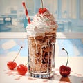 Illustration of a glass of milkshake with cherries.