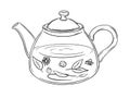 Illustration of a glass teapot with herbal tea. Monochrome picture on a white background. Black outline.