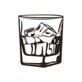 Illustration of a glass of whiskey with ice cubes. Hand drawn illustration of cocktail.