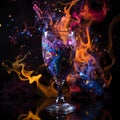Glass of wine on a black background with colored smoke and fire Royalty Free Stock Photo