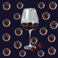 Illustration of a glass of wine and cherries on a background with eyes for your designs and ideas,abstract painting