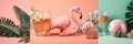 Illustration of glasses, palm leaves, rocks and figurine of Flamingo sitting on table