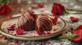 illustration with glazed chocolate with romantic decoration on a small plate