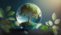 Illustration of globe on moss background, ecology and environment concept. A globe adorned with greenery and digital interfaces,