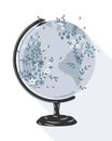 Illustration, a globe with a scattering of small flowers and leaves, a planet in flowers. Blue pastel shades. Clip art,