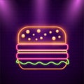 Illustration of a glossy burger on purple brick wall in neon eff