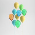 Illustration of glossy pastel blue, yellow and green balloons on white background. Empty space for birthday, party, promotion