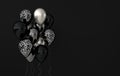 Illustration of glossy silver, black and jaguar print balloons on black background. Empty space for birthday, party, promotion