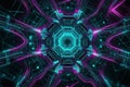 illustration of a glowing cyan and magenta neural network structure with pulsating nodes in fractal patterns, intersecting with Royalty Free Stock Photo