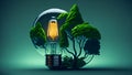 Illustration of glowing light Bulb with growing trees inside. Eco concept. Generative AI. Copy Space Royalty Free Stock Photo