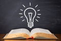 An open book and a lightbulb on a chalkboard background. Royalty Free Stock Photo