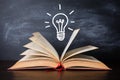 An open book and a lightbulb on a chalkboard background. Royalty Free Stock Photo