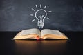 An open book and a lightbulb on a chalkboard background. Royalty Free Stock Photo