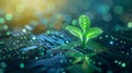 illustration of glowing plant growing on computer chip representing digital ecology business and blurred background