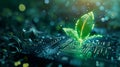 illustration of glowing plant growing on computer chip representing digital ecology business and blurred background