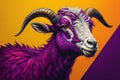 Illustration of a goat with horns on a yellow and purple background. ai generated