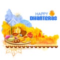 Gold coin in pot for Dhanteras celebration on Happy Dussehra light festival of India background