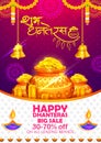 Gold coin in pot for Dhanteras celebration on Happy Dussehra light festival of India background