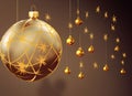 Illustration of gold decorated hanging on strings baubles on a dark background. The Christmas star as a symbol of the birth of the