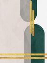 Illustration of gold and green abstract art poster with graphical shapes in the background