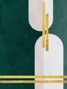 Illustration of gold and green abstract art poster with graphical shapes in the background