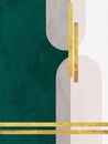 Illustration of gold and green abstract art poster with graphical shapes in the background