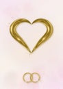 Illustration with gold heart and rings on a light pink watercolor background Royalty Free Stock Photo