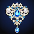 gold jewelry brooch pendant with precious stones and pearls